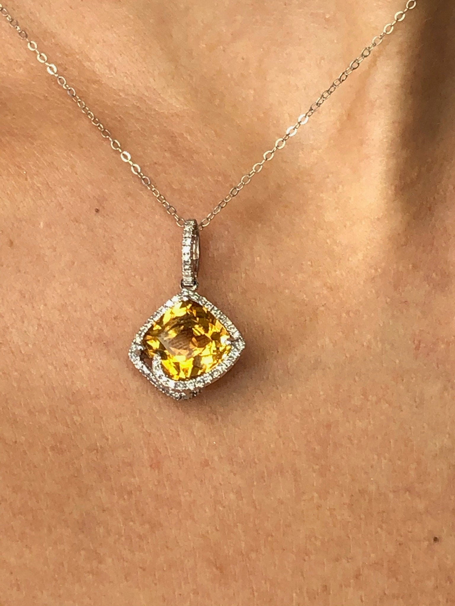 LIV 14k White Gold Diamonds & Golden Citrine Cushion Cut Halo Design Dangle Necklace