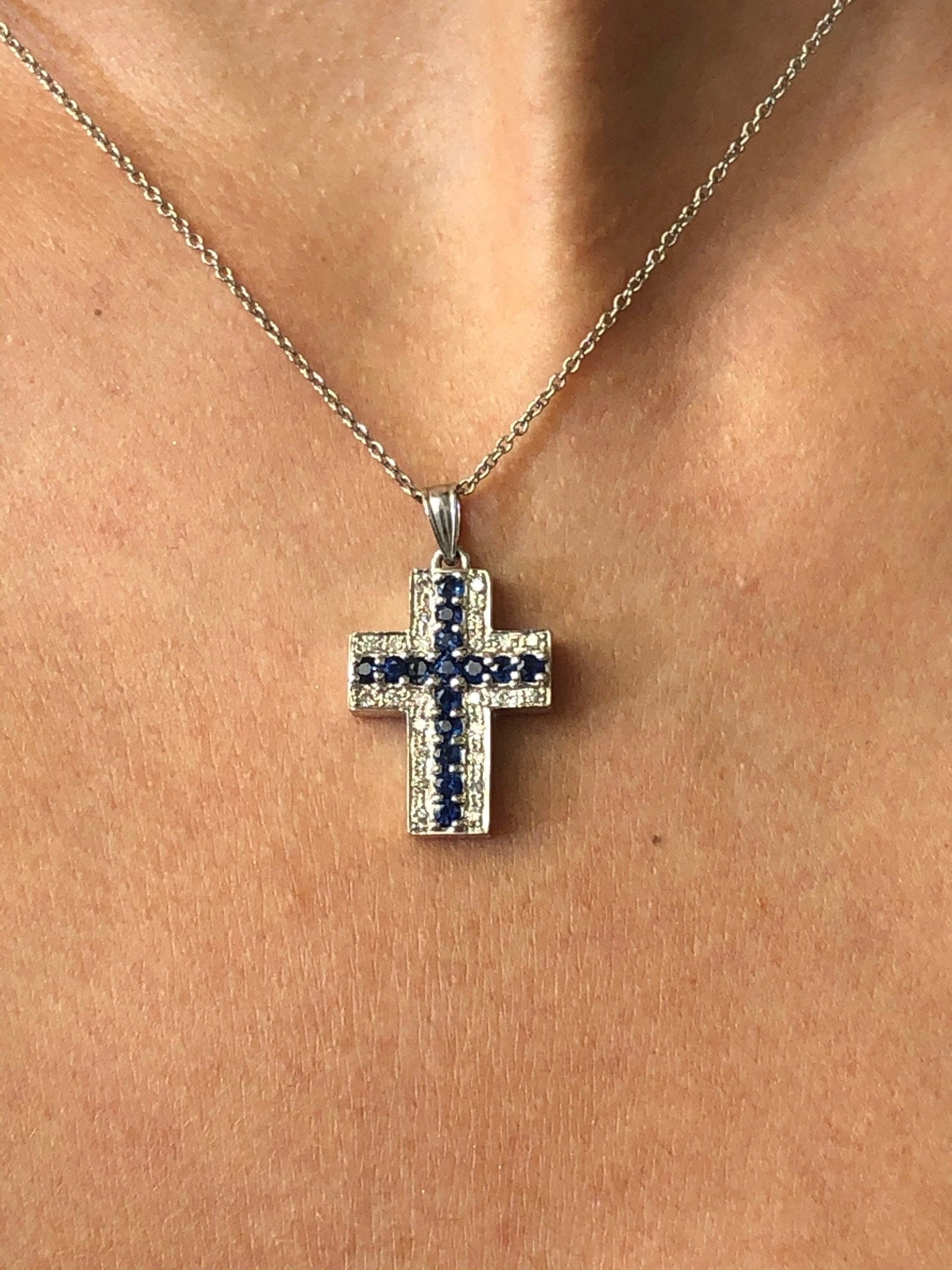 LIV 14k White Gold & Diamonds 0.52ct G/VS1 Blue Sapphires 0.75ct Cross Necklace