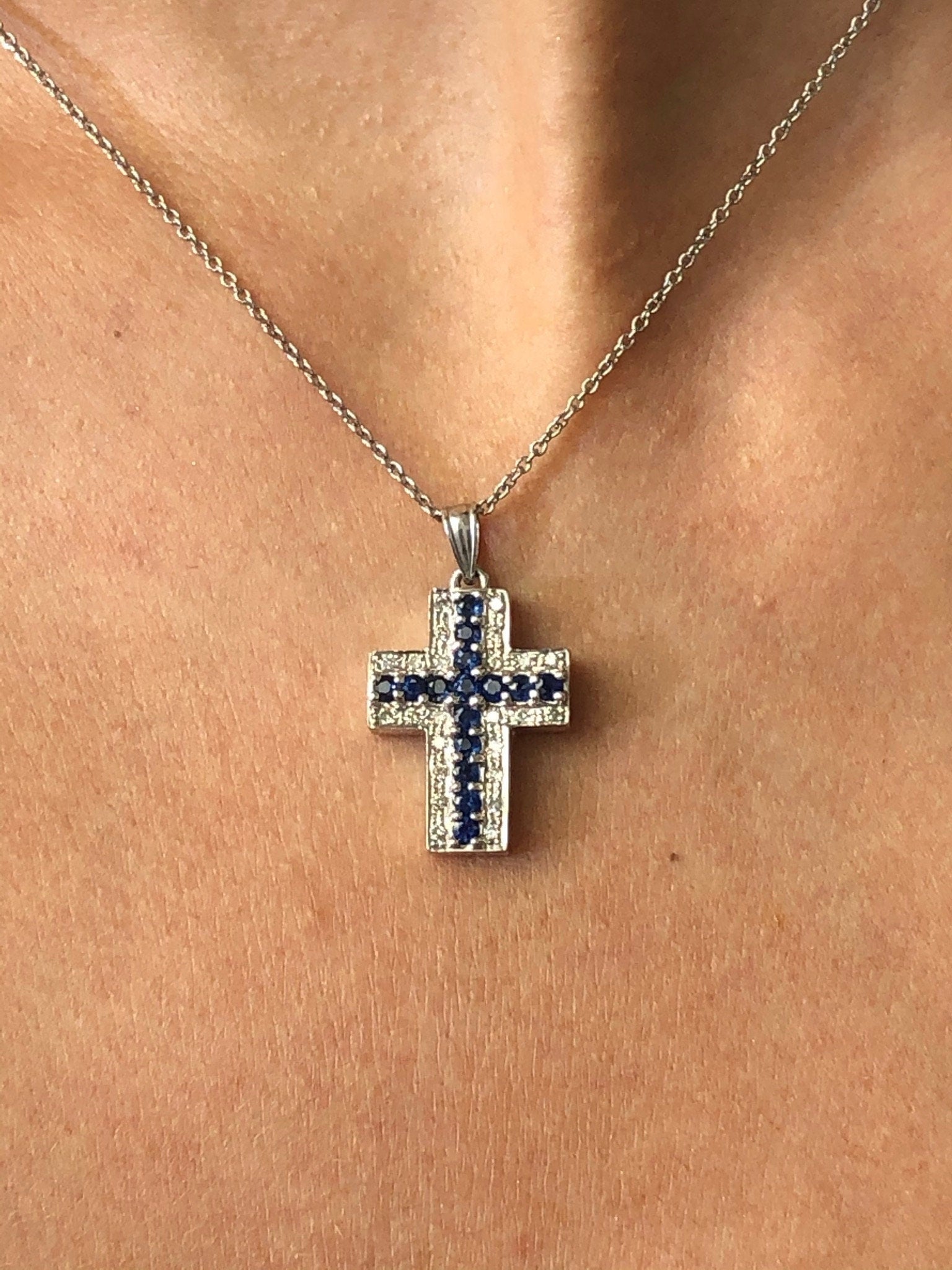 LIV 14k White Gold & Diamonds 0.52ct G/VS1 Blue Sapphires 0.75ct Cross Necklace