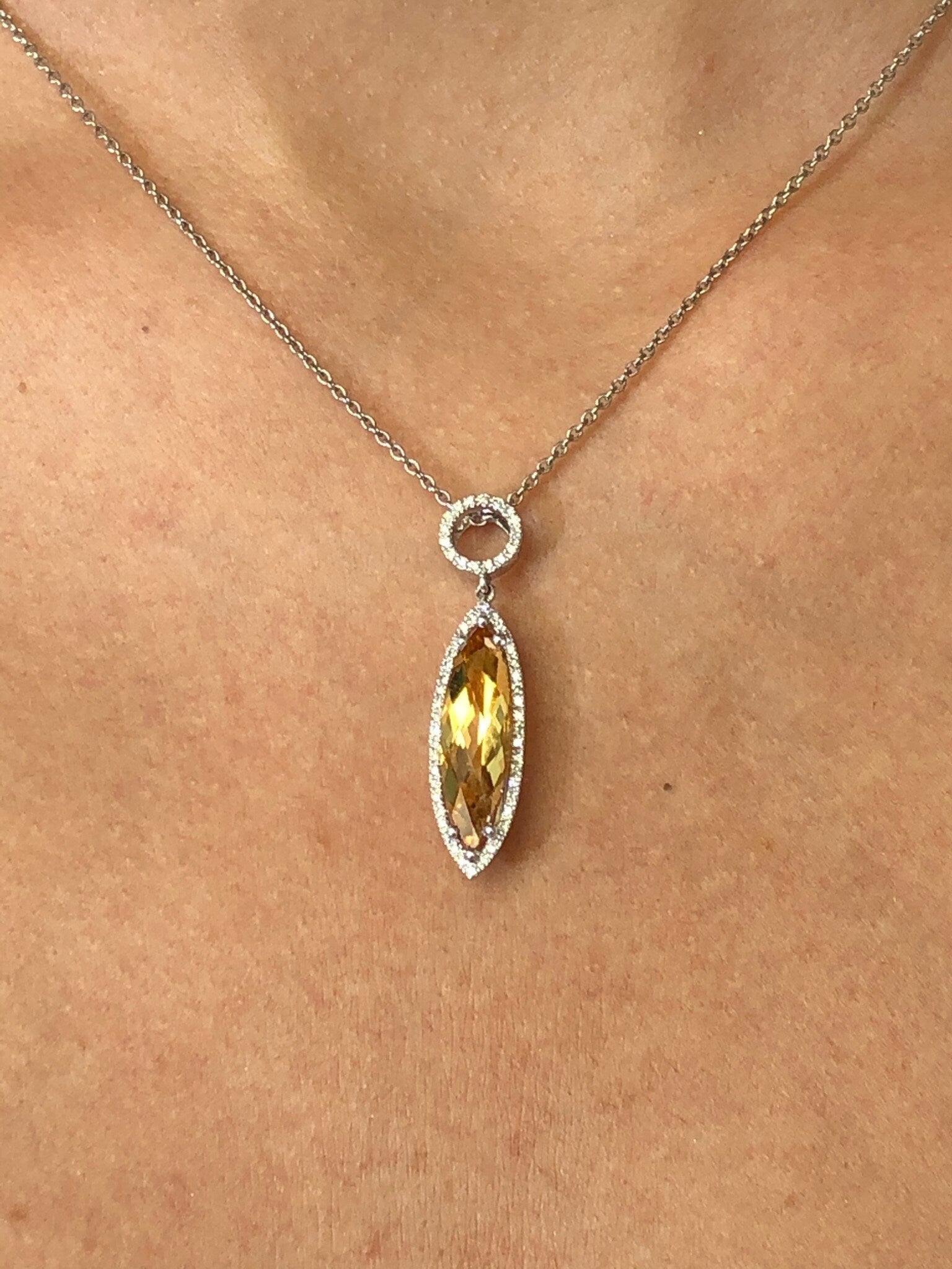 LIV 14k White Gold Diamonds & Golden Citrine Marquise Cut Long Halo Design Necklace