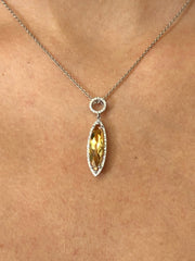 LIV 14k White Gold Diamonds & Golden Citrine Marquise Cut Long Halo Design Necklace