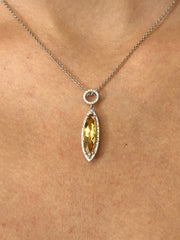 LIV 14k White Gold Diamonds & Golden Citrine Marquise Cut Long Halo Design Necklace