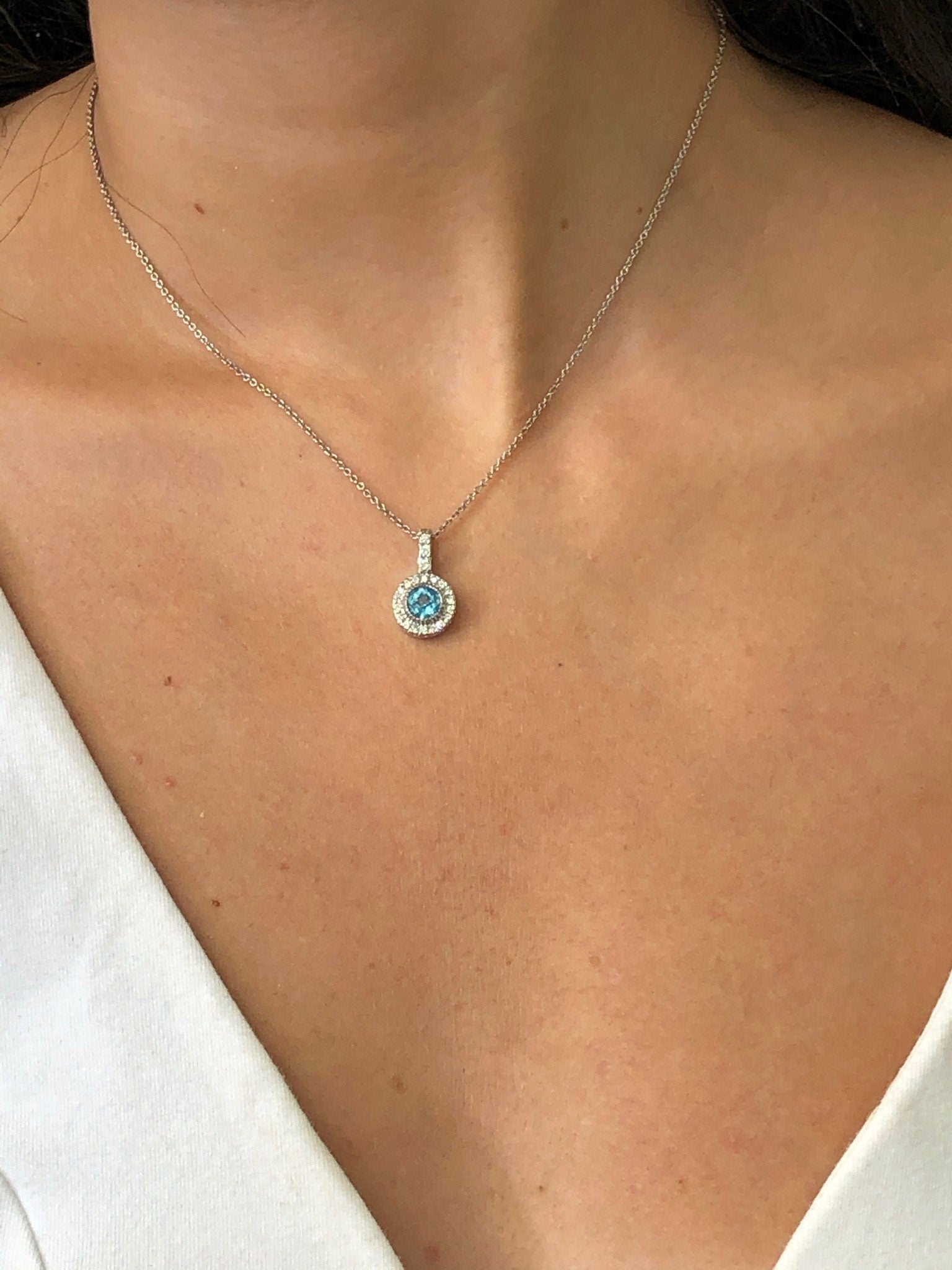 LIV 14k White Gold & Diamonds Blue Topaz Round Cut Halo Design Necklace