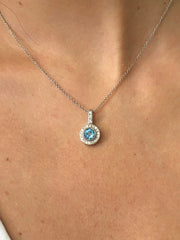 LIV 14k White Gold & Diamonds Blue Topaz Round Cut Halo Design Necklace