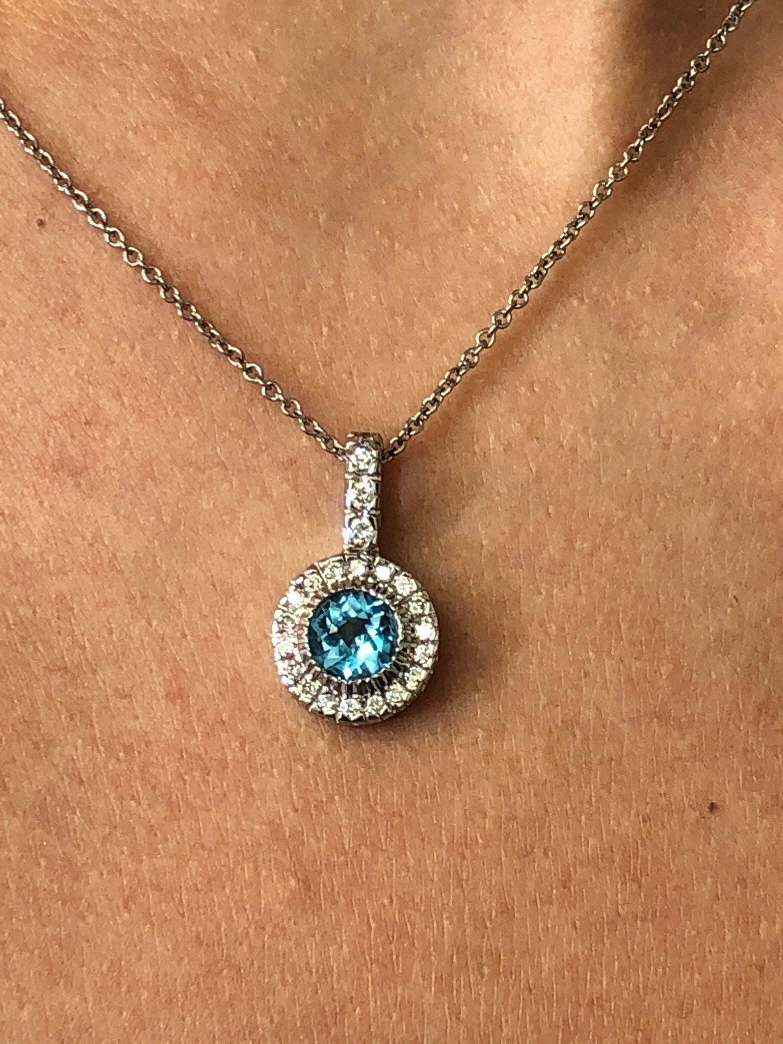 LIV 14k White Gold & Diamonds Blue Topaz Round Cut Halo Design Necklace