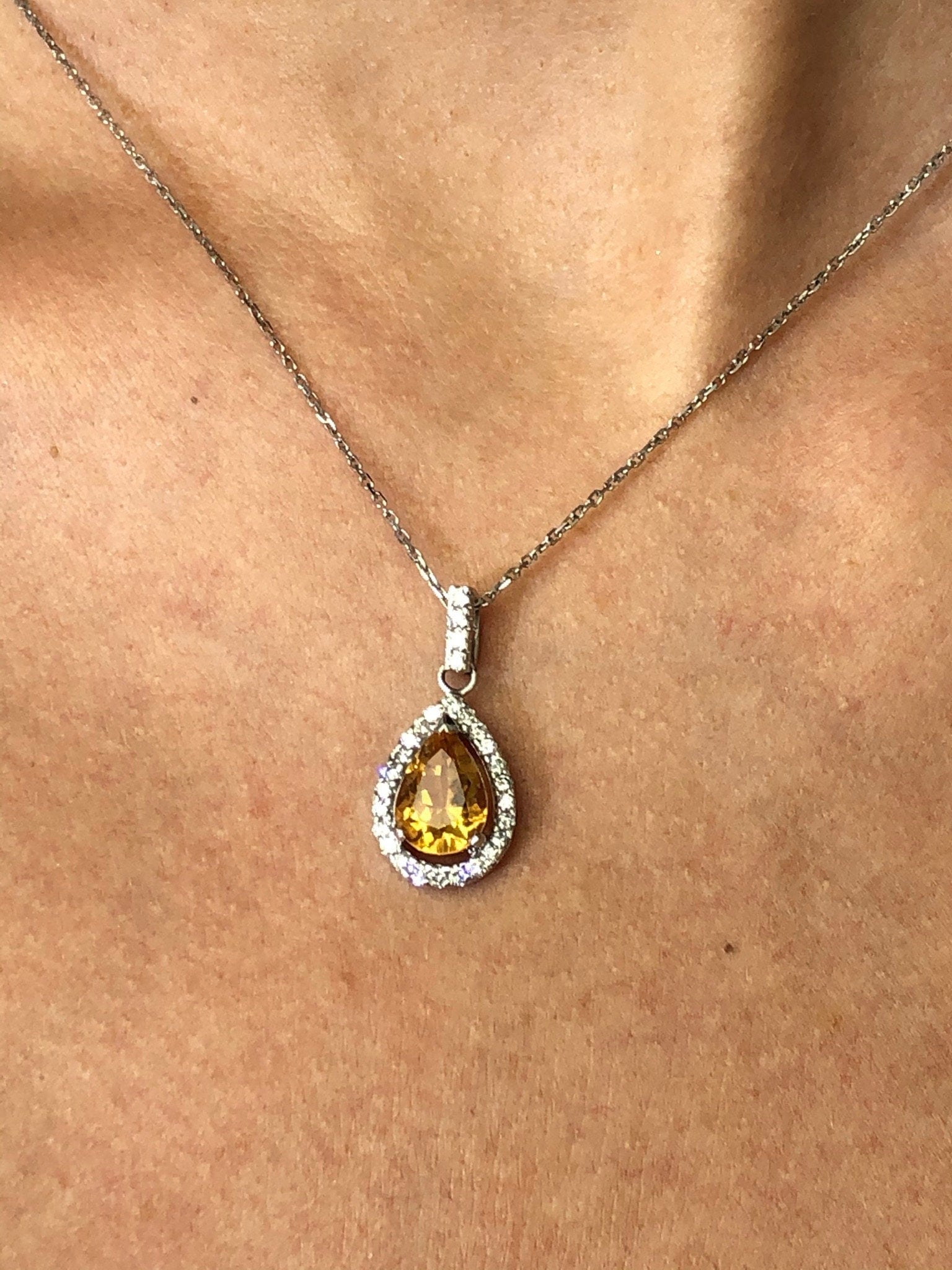 LIV 14k White Gold & Diamonds Golden Citrine Pear Shape Halo Design Dangle Necklace