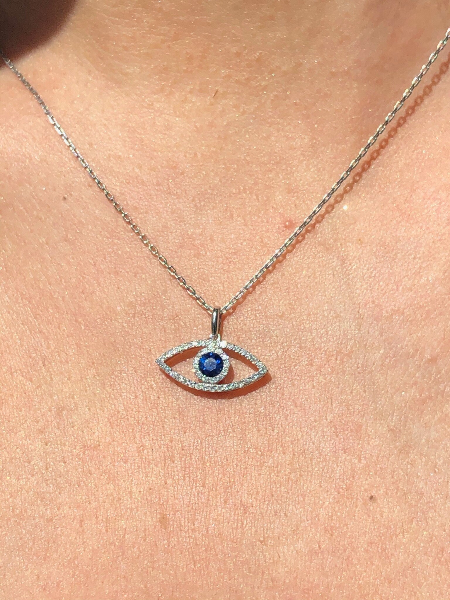 LIV 14k White Gold Genuine Diamonds & Blue Sapphire Evil Eye Halo Stackable Necklace