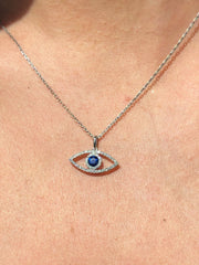 LIV 14k White Gold Genuine Diamonds & Blue Sapphire Evil Eye Halo Stackable Necklace