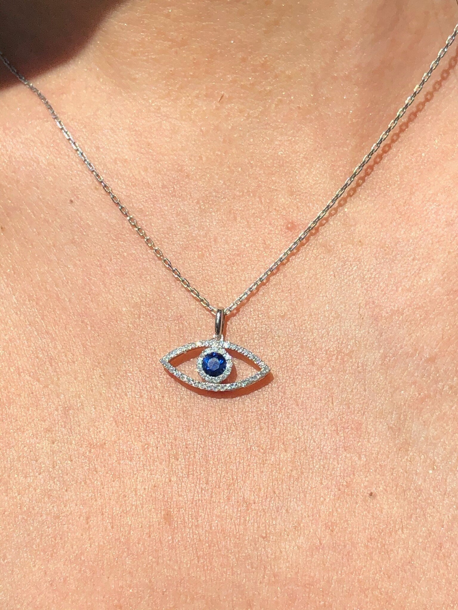 LIV 14k White Gold Genuine Diamonds & Blue Sapphire Evil Eye Halo Stackable Necklace