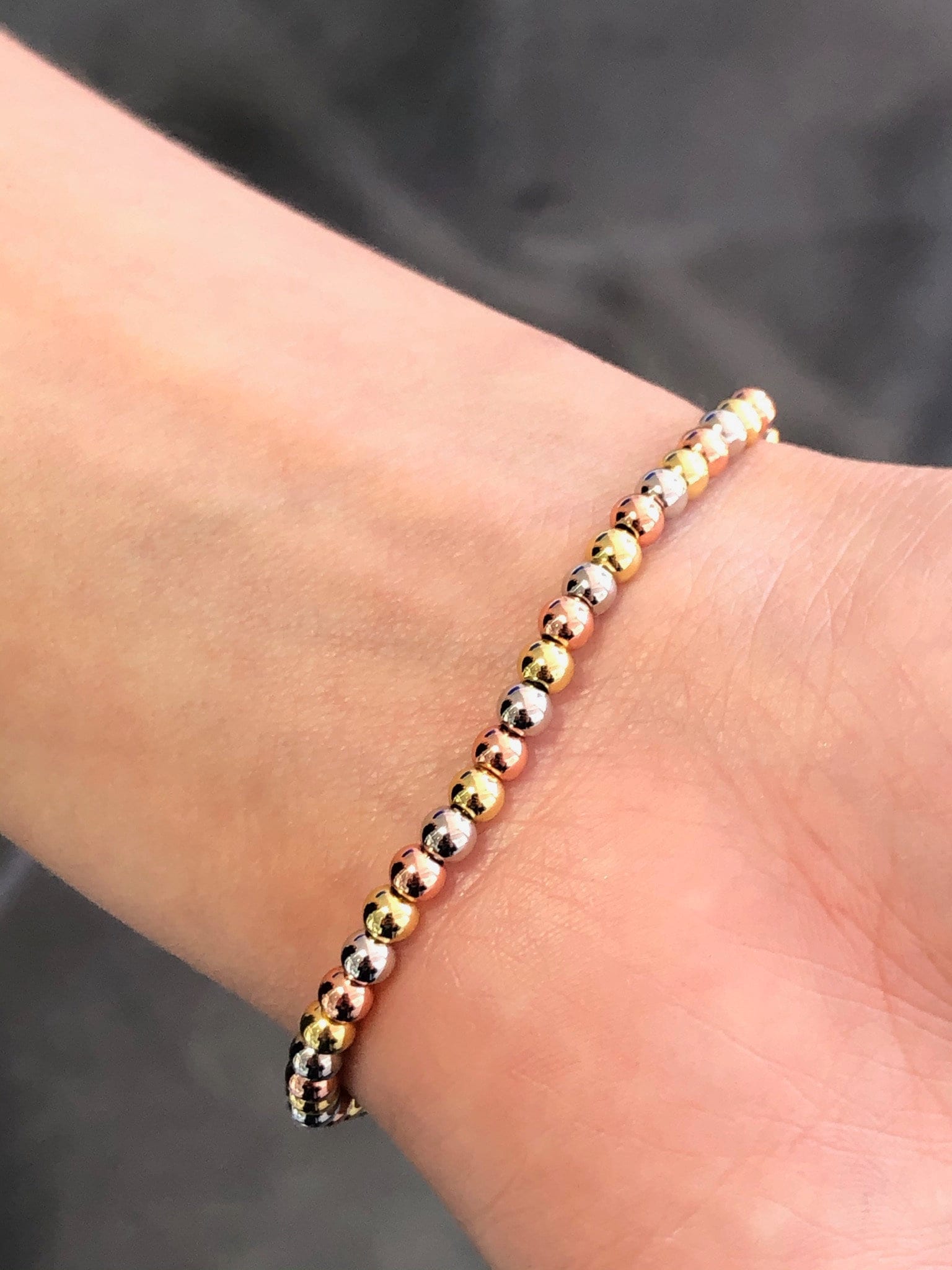 LIV Tri Tone Gold Stainless Steel Round Bead Design Stretch Bracelet Stackable Gift