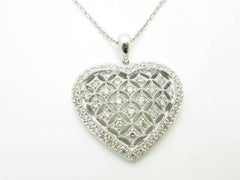 LIV 14kt White Gold Genuine White Diamond Pave Vintage Design Heart Halo Design Necklace