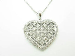 LIV 14kt White Gold Genuine White Diamond Pave Vintage Design Heart Halo Design Necklace