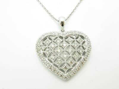 LIV 14kt White Gold Genuine White Diamond Pave Vintage Design Heart Halo Design Necklace