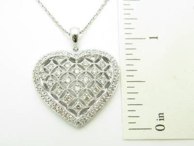 LIV 14kt White Gold Genuine White Diamond Pave Vintage Design Heart Halo Design Necklace