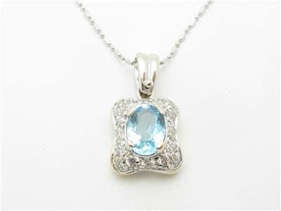 LIV 14k White Gold & Diamonds Blue Topaz Halo Design Pave Pendant Necklace 20" Chain