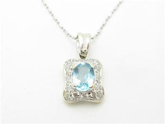 LIV 14k White Gold & Diamonds Blue Topaz Halo Design Pave Pendant Necklace 20" Chain