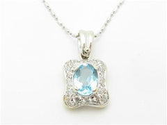 LIV 14k White Gold & Diamonds Blue Topaz Halo Design Pave Pendant Necklace 20" Chain