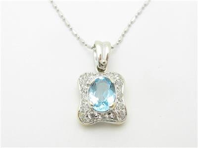 LIV 14k White Gold & Diamonds Blue Topaz Halo Design Pave Pendant Necklace 20" Chain