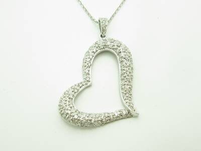 LIV 14kt White Gold Genuine White Diamond Open Puffed Heart Pave Design Necklace New