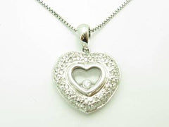 LIV 14kt White Gold Genuine White Diamond Floating Heart Pave Design Necklace Gift