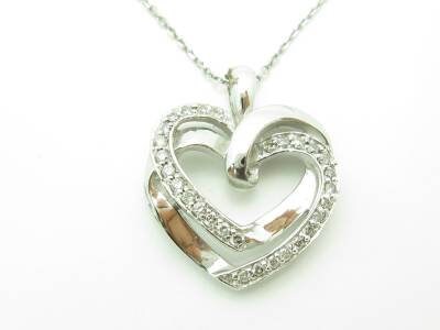 LIV 14kt White Gold Genuine White Diamond Pave Open Heart Halo Design Necklace Gift