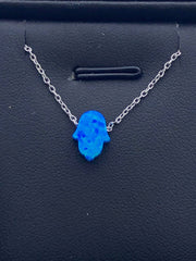 LIV Platinum Sterling Silver Blue Opal Hamsa Design Hand of God Good Luck Necklace