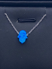 LIV Platinum Sterling Silver Blue Opal Hamsa Design Hand of God Good Luck Necklace