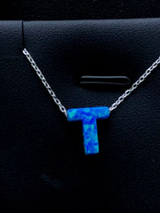 LIV Platinum Sterling Silver .925 Blue Opal Initial T Alphabet Name Necklace Gift