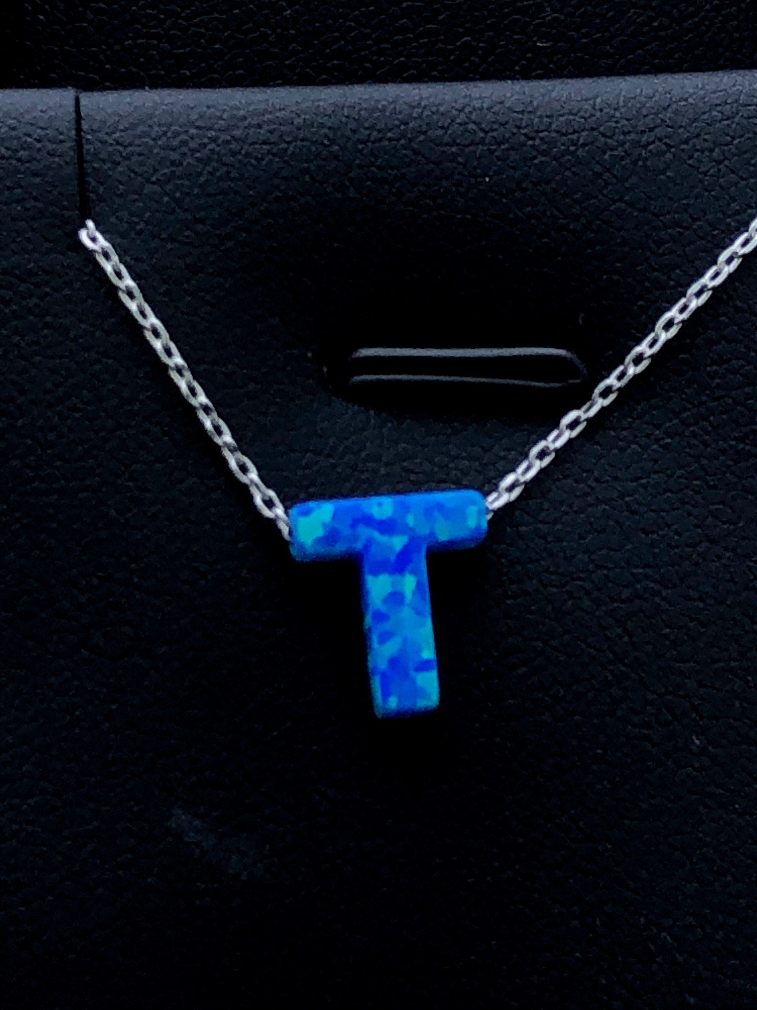 LIV Platinum Sterling Silver .925 Blue Opal Initial T Alphabet Name Necklace Gift