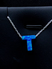 LIV Platinum Sterling Silver .925 Blue Opal Initial T Alphabet Name Necklace Gift