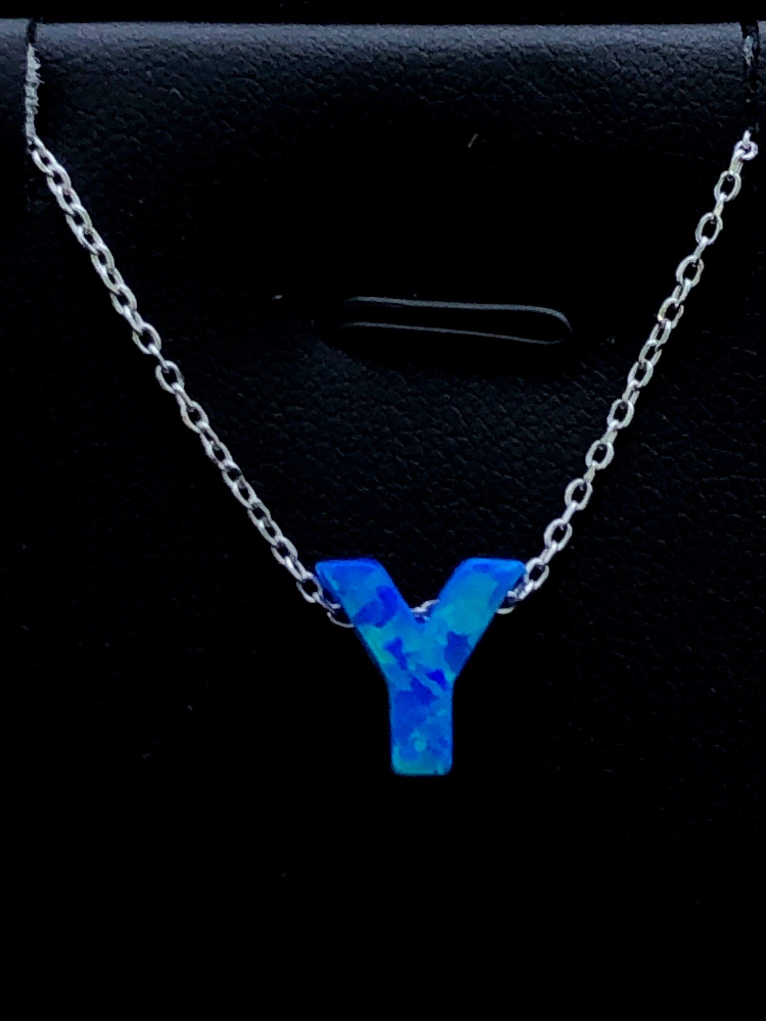 LIV Platinum Sterling Silver .925 Blue Opal Initial Y Alphabet Name Necklace Gift