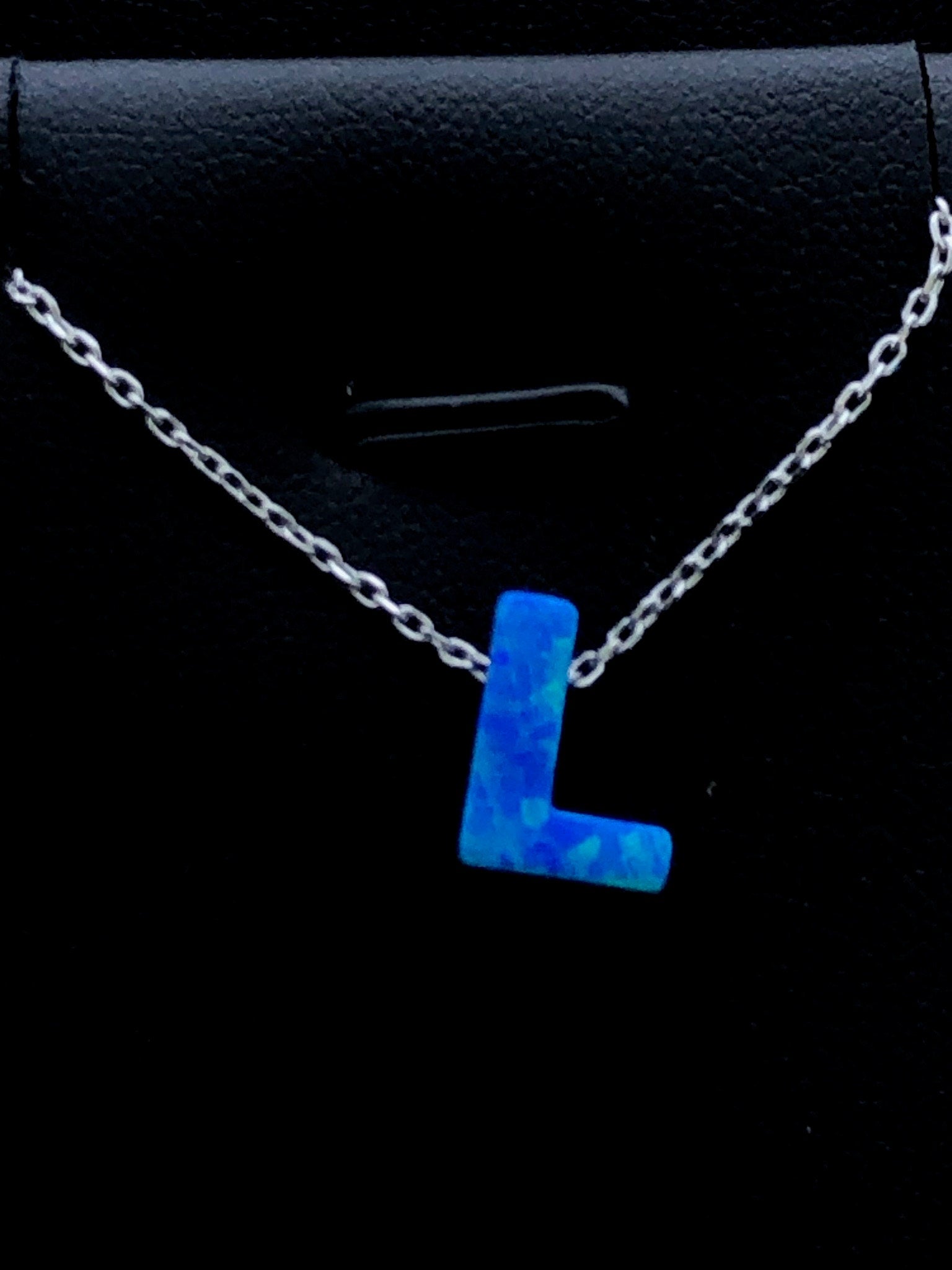 LIV Platinum Sterling Silver .925 Blue Opal Initial L Alphabet Name Necklace Gift