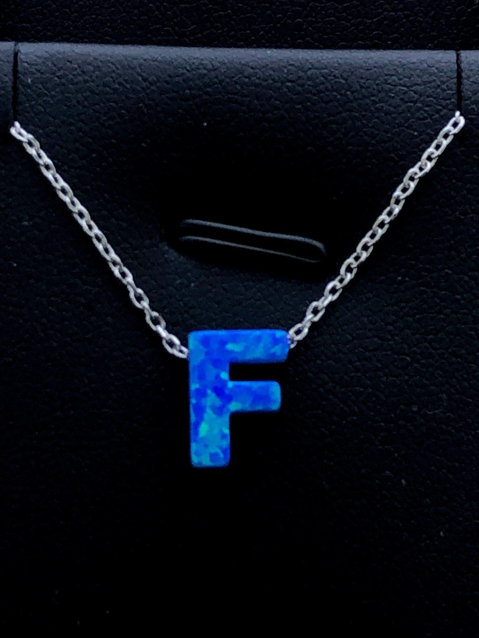 LIV Platinum Sterling Silver .925 Blue Opal Initial F Alphabet Name Necklace Gift