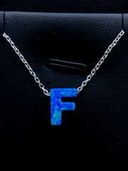 LIV Platinum Sterling Silver .925 Blue Opal Initial F Alphabet Name Necklace Gift