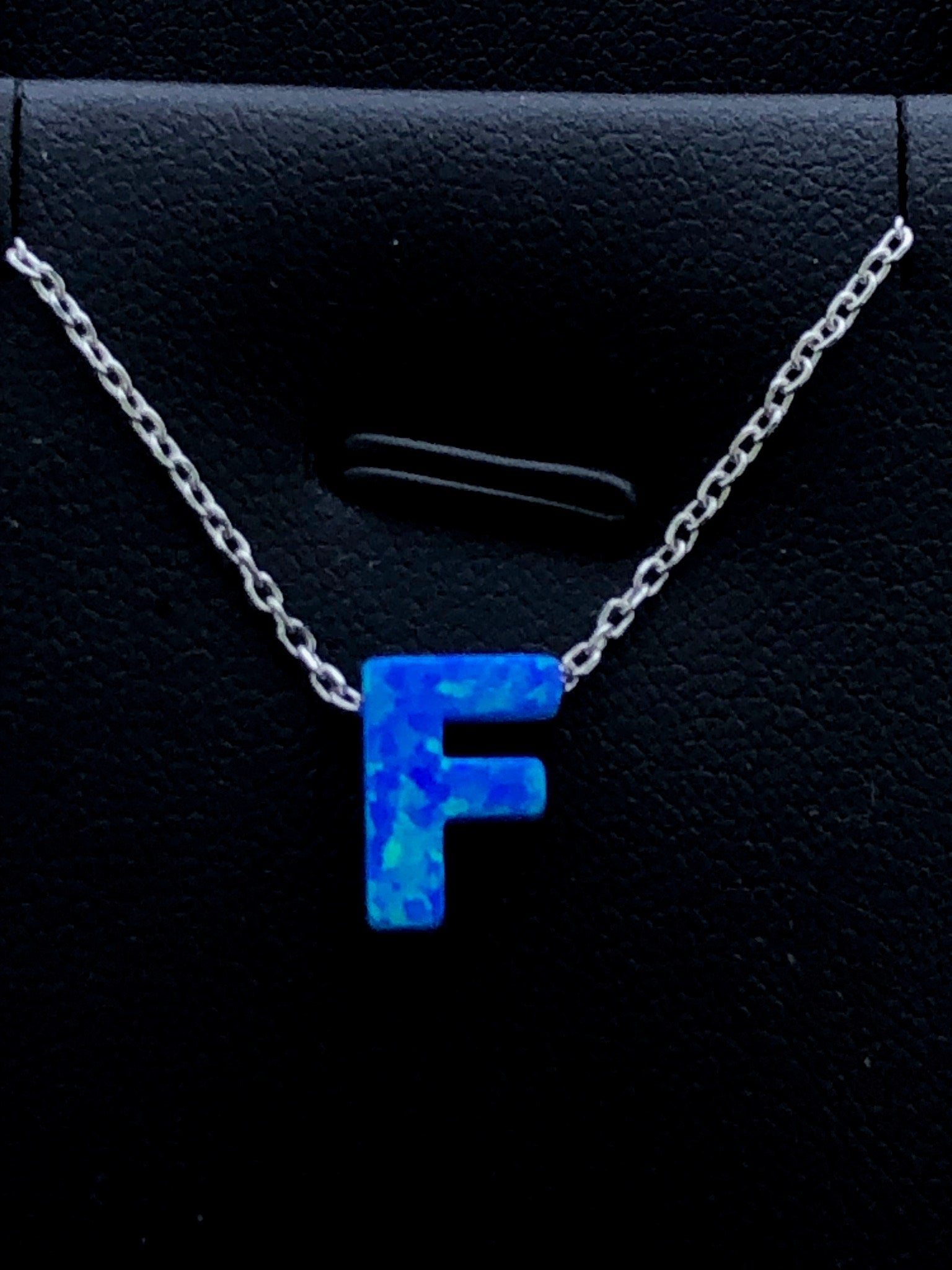 LIV Platinum Sterling Silver .925 Blue Opal Initial F Alphabet Name Necklace Gift