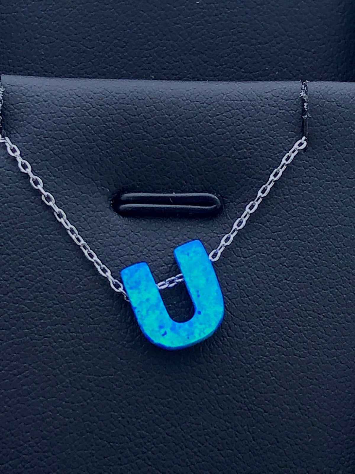 LIV Platinum Sterling Silver .925 Blue Opal Initial U Alphabet Name Necklace Gift