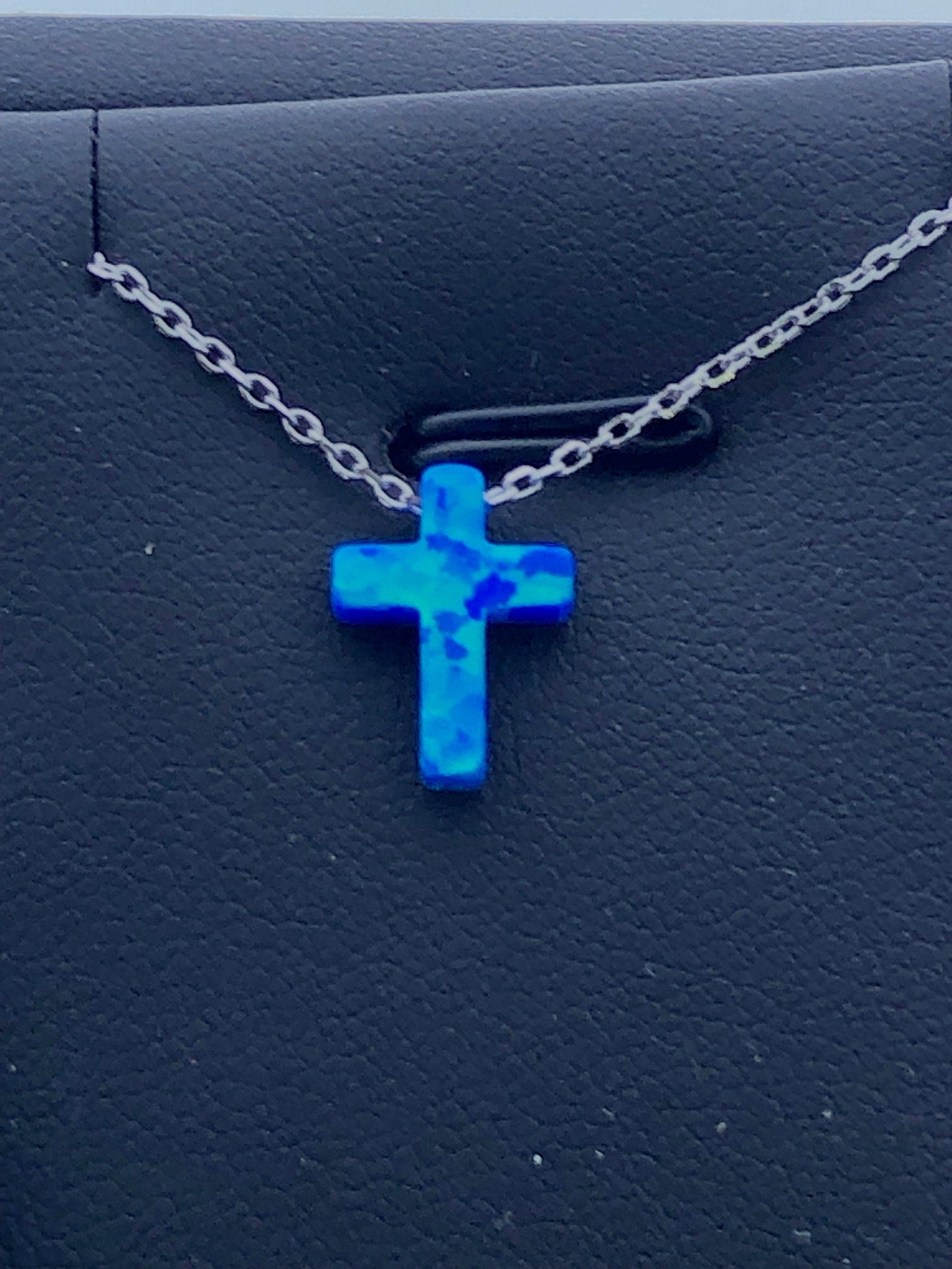 LIV Platinum Sterling Silver .925 Blue Opal Cross Design Stackable Necklace Gift