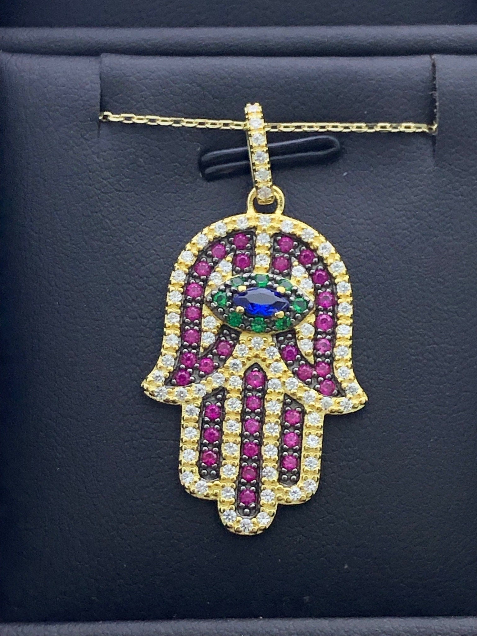 LIV 18k Gold Sterling Silver .925 Multi Sapphire Large Hand Hamsa Design Necklace