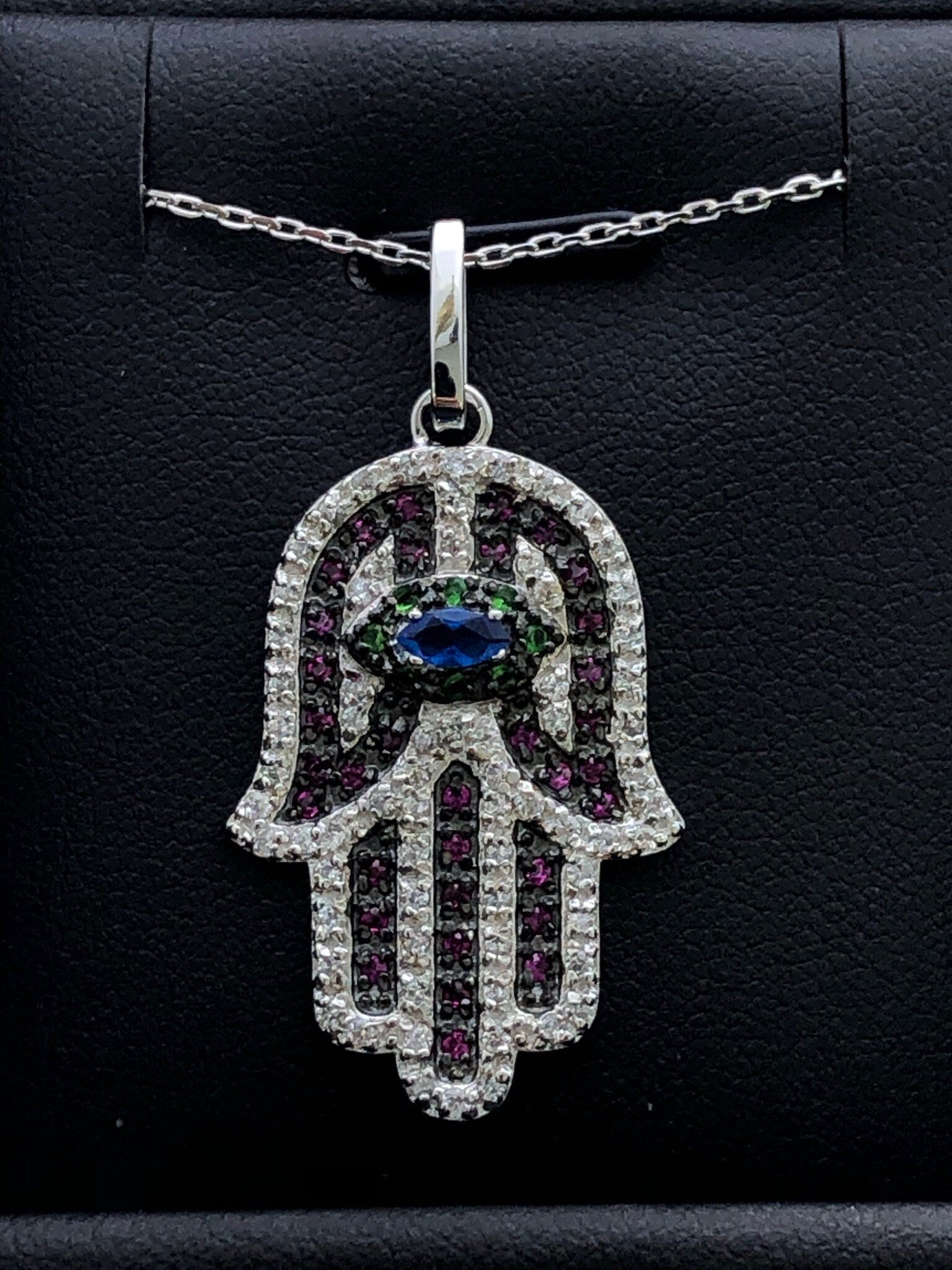 LIV Platinum Sterling Silver .925 Multi Sapphire Large Hand Hamsa Design Necklace