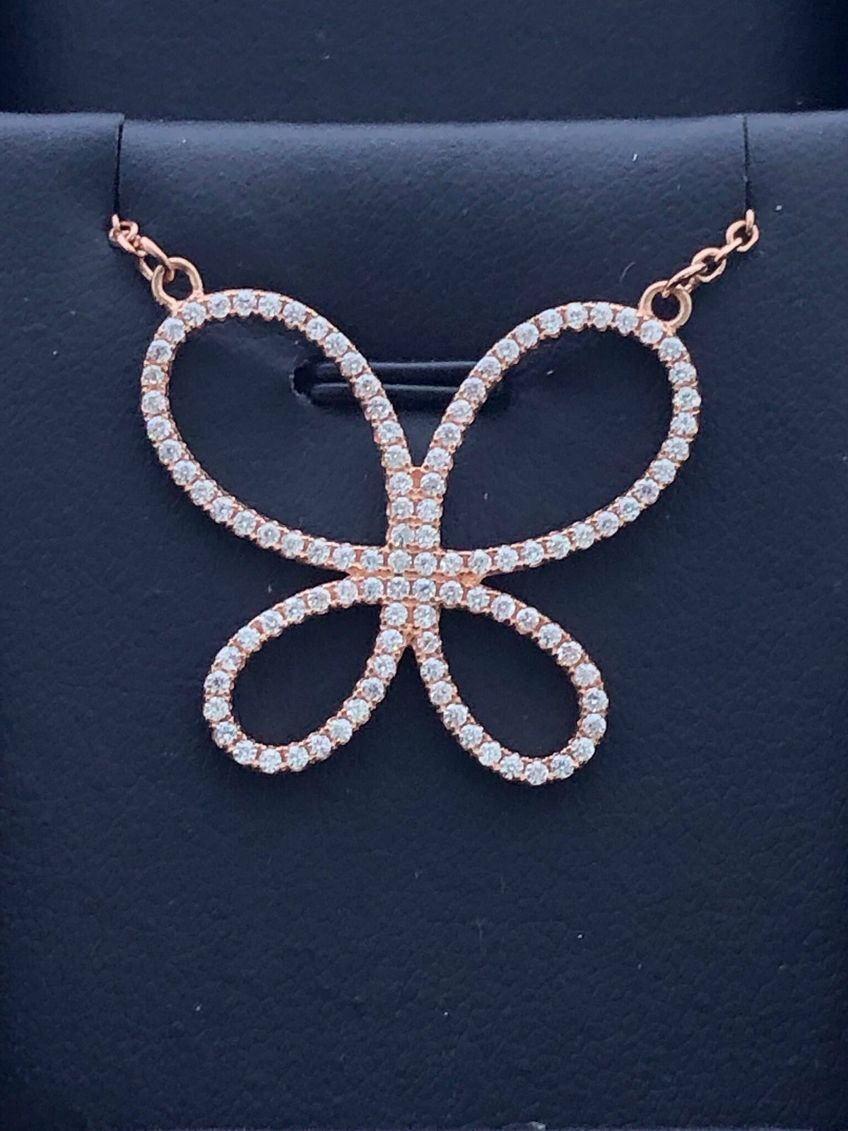 LIV Rose Gold Sterling Silver White Sapphire Pave Butterfly Design Halo Necklace