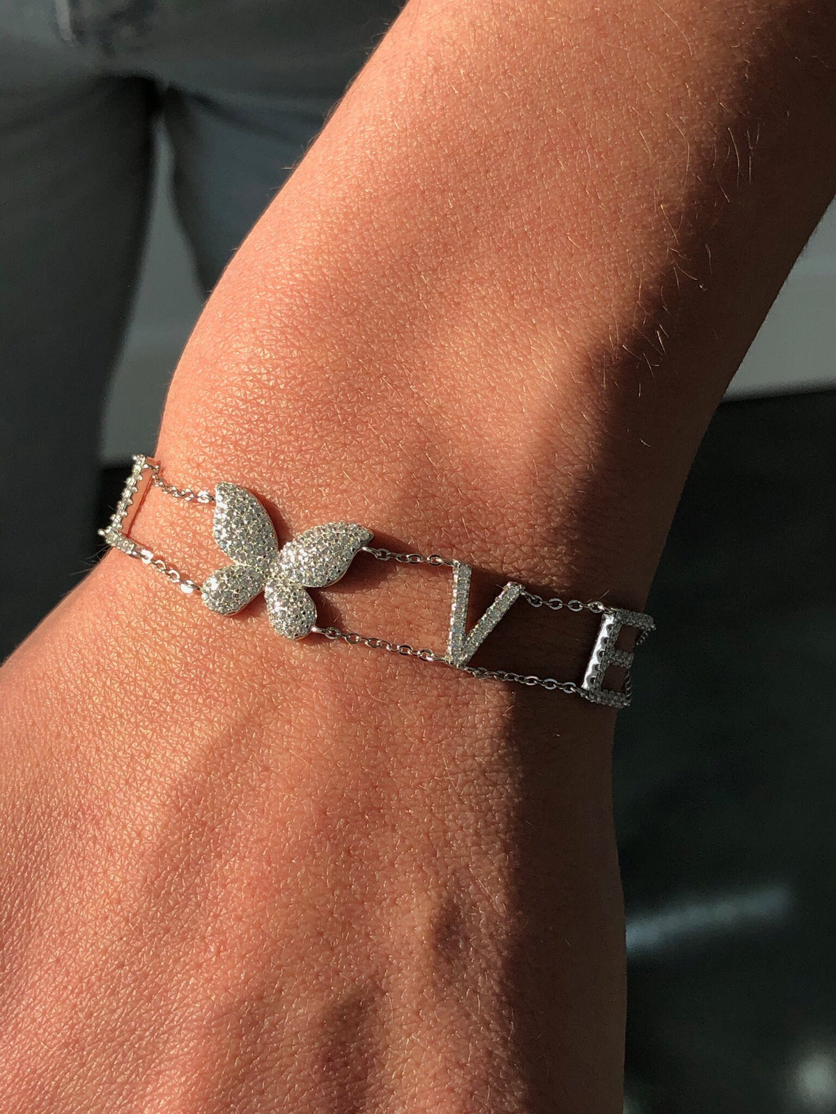 LIV Platinum Sterling Silver Pave White Sapphire LOVE Butterfly Stack Bracelet 7" L