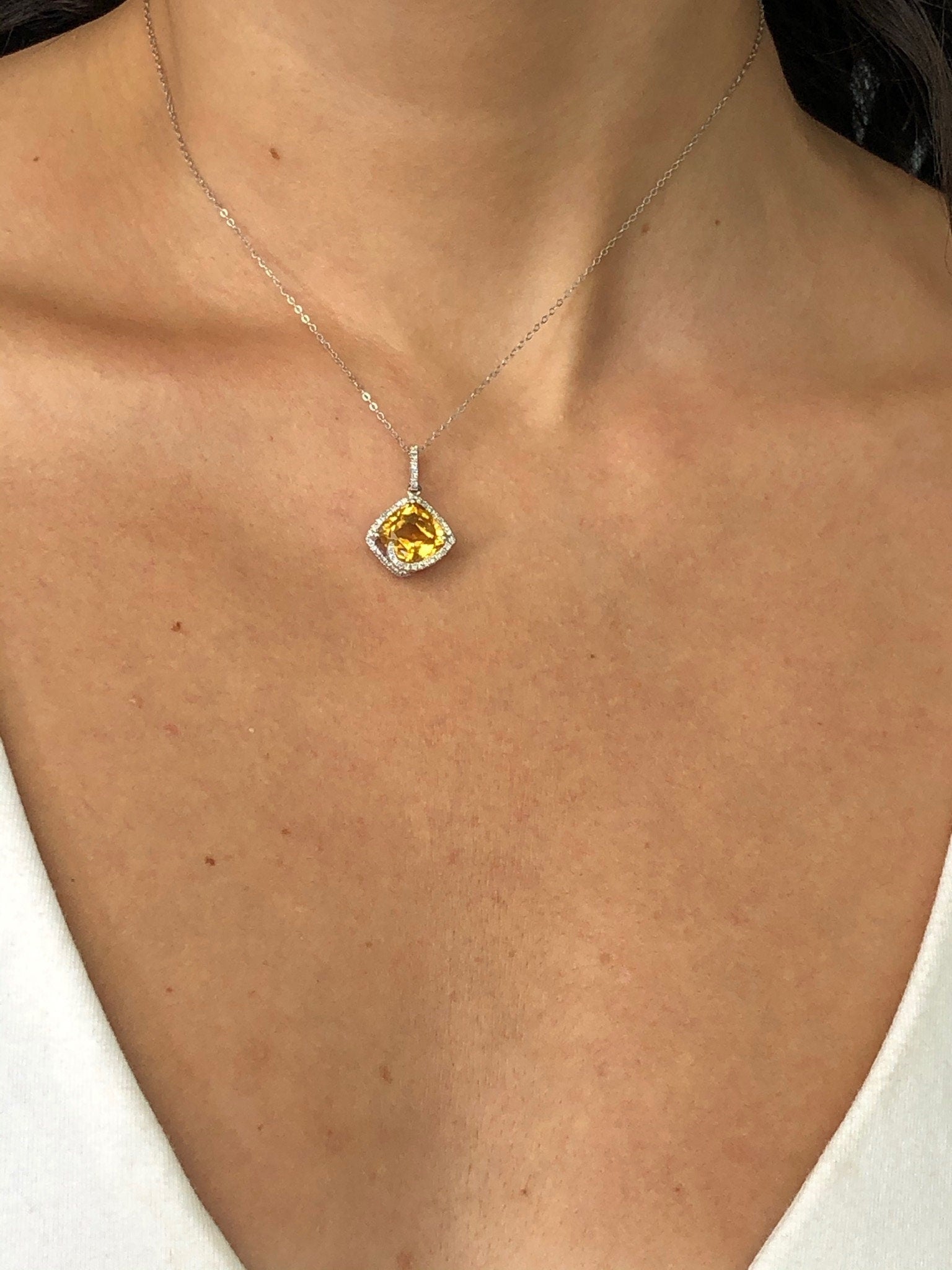 LIV 14k White Gold Diamonds & Golden Citrine Cushion Cut Halo Design Dangle Necklace