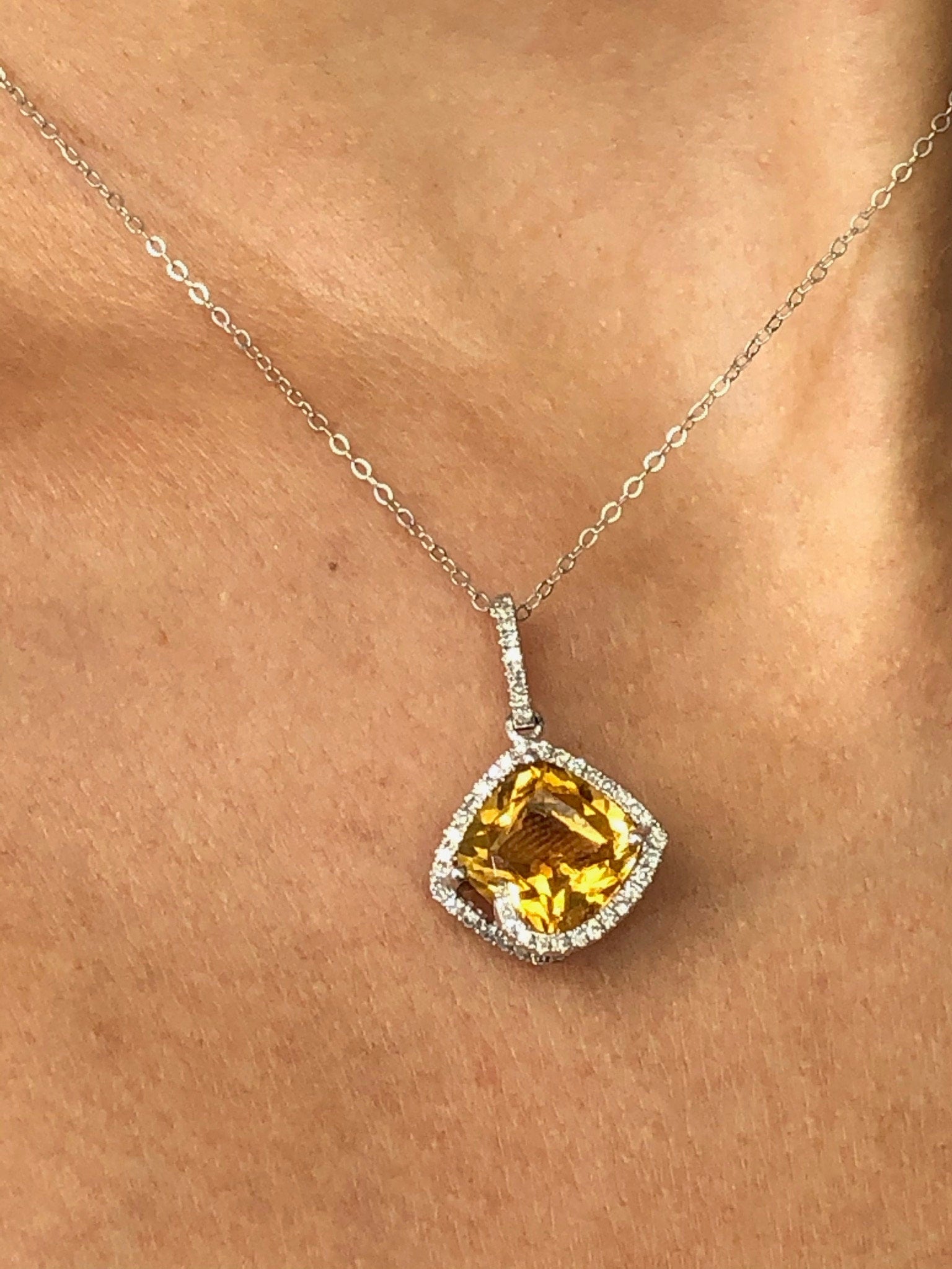 LIV 14k White Gold Diamonds & Golden Citrine Cushion Cut Halo Design Dangle Necklace