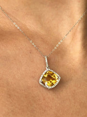 LIV 14k White Gold Diamonds & Golden Citrine Cushion Cut Halo Design Dangle Necklace