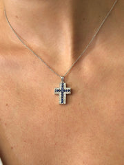 LIV 14k White Gold & Diamonds 0.52ct G/VS1 Blue Sapphires 0.75ct Cross Necklace