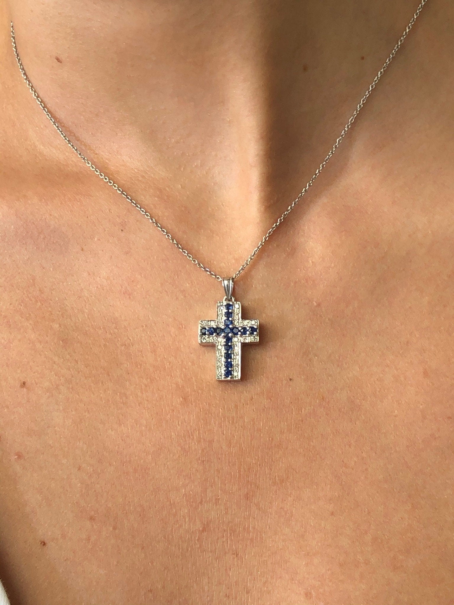 LIV 14k White Gold & Diamonds 0.52ct G/VS1 Blue Sapphires 0.75ct Cross Necklace