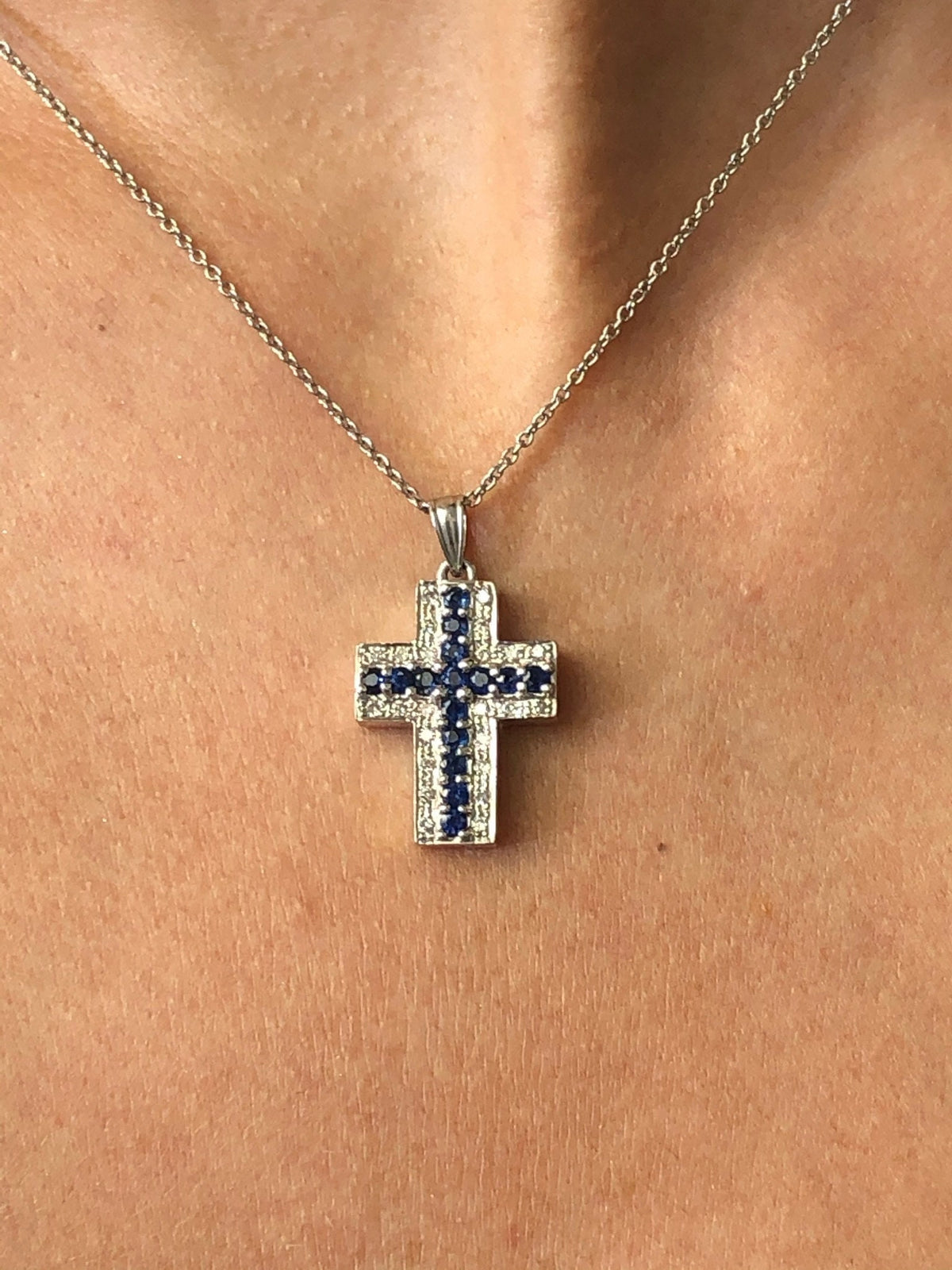 LIV 14k White Gold & Diamonds 0.52ct G/VS1 Blue Sapphires 0.75ct Cross Necklace