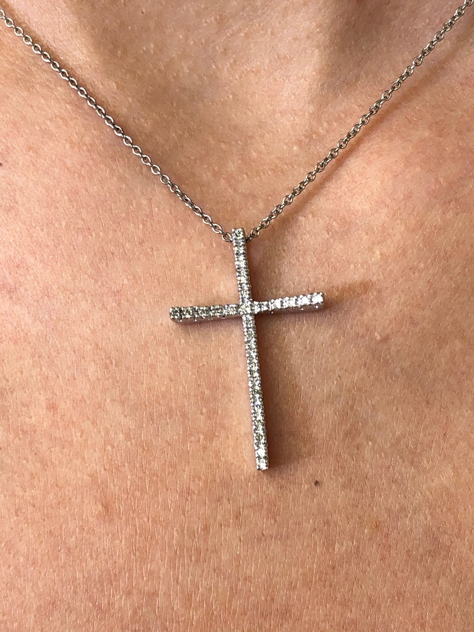 LIV 14k White Gold & Diamonds 0.25ct G/VS1 Pave Set Unique Simple Cross Necklace