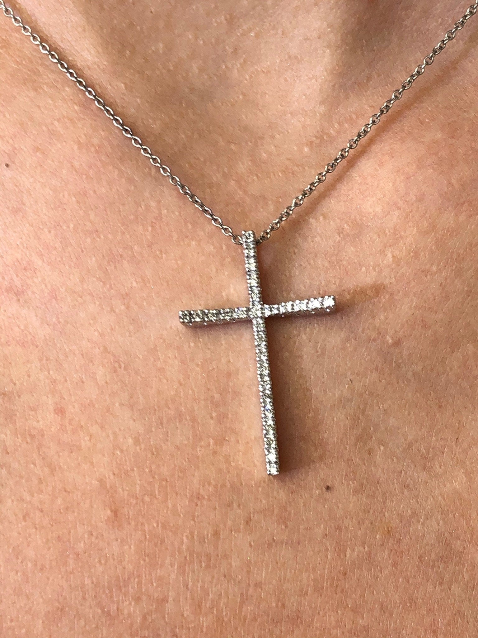 LIV 14k White Gold & Diamonds 0.25ct G/VS1 Pave Set Unique Simple Cross Necklace