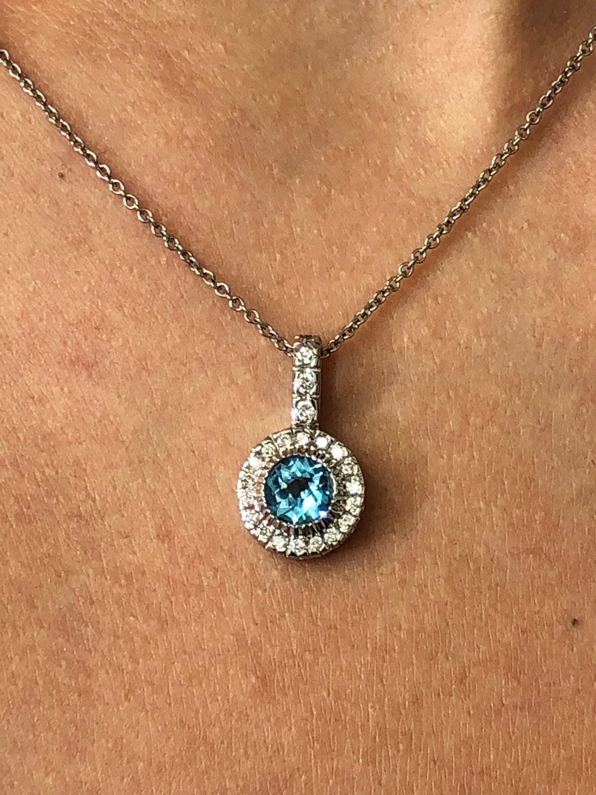 LIV 14k White Gold & Diamonds Blue Topaz Round Cut Halo Design Necklace